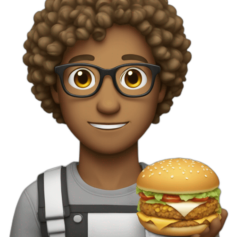 cute white guy with curly hair wearing glasses with a meal in hands emoji