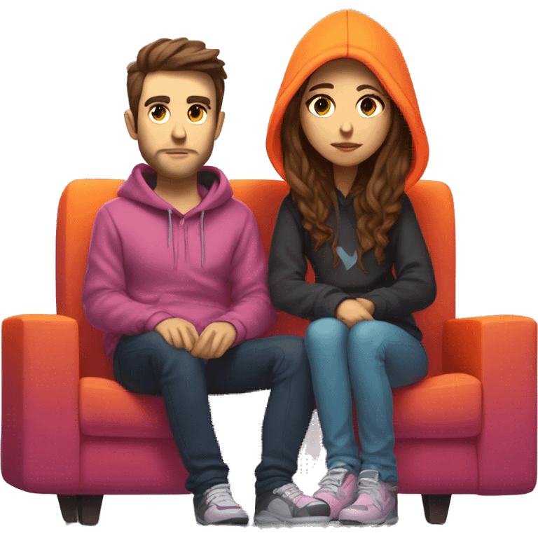 Female girl with long brown hair in mulneon hoodie . gaming with white male guy. shaved brown hair and short scruff in multi neon hoodie . Sitting on a sofa with a TV in a gamer neon room.  I  emoji