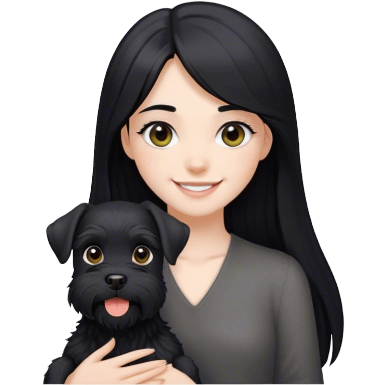 pale girl smiling with light eyes and long black hair and smiling black schnauzer emoji