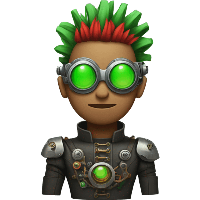 Male cyborg with thin red Mohawk and green steampunk goggles emoji