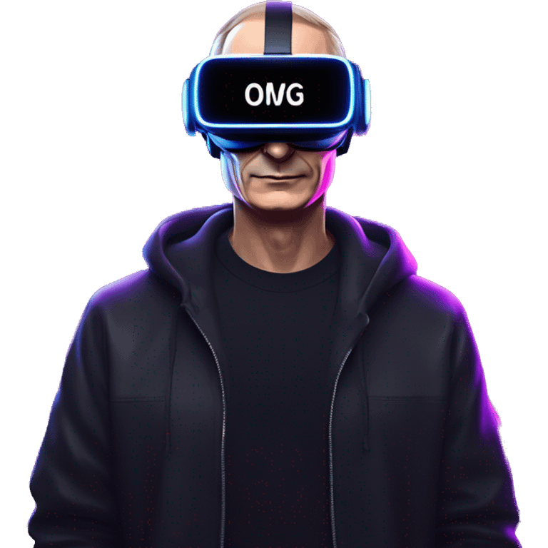 Vladimir Putin wearing a black hoodie with "OMG" letters on it and VR headset oculus quest 2 in a cyberpunk VR environment with violet neon lighting. emoji