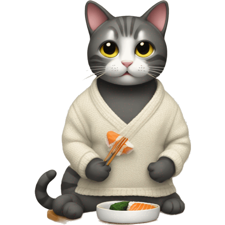 A cat wearing a sweater eating sushi  emoji