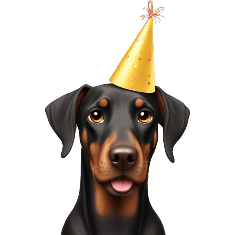 Doberman with a birthday hat emoji