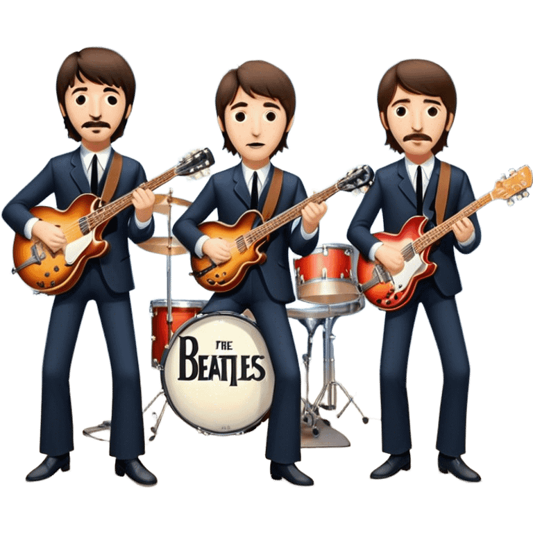 Rock music icon: The Beatles performing live on stage. John Lennon with guitar, Paul McCartney with bass, George Harrison with guitar, Ringo Starr on drums. Bright lights, energetic performance. Transparent background. emoji