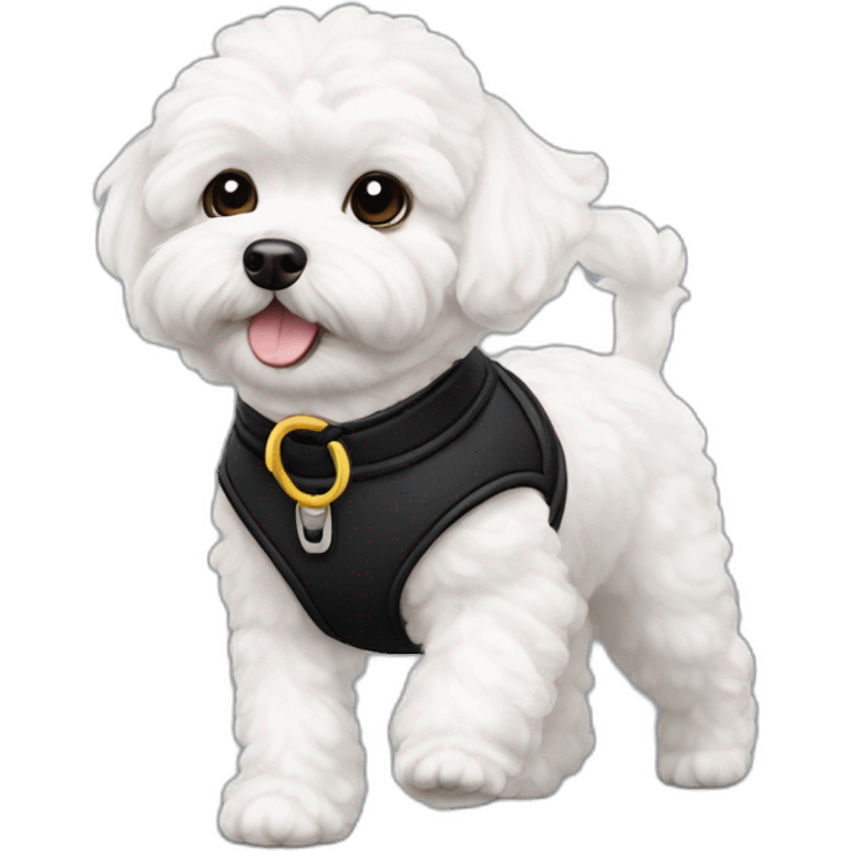 White maltipoo walking with black collar emoji