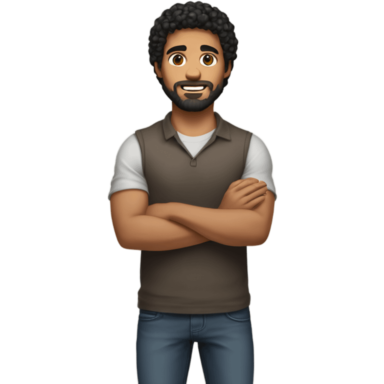 men holding his computer in hands. light brown skin men with curly black hair, dark brown eyes, little grown beard. little bit muscular. dressed casual. round face. emoji