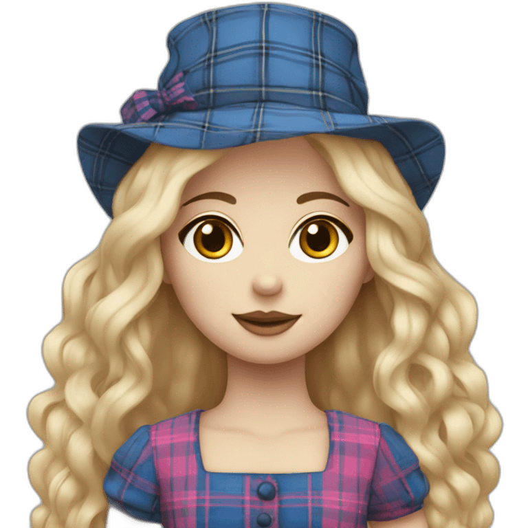 ragdoll with blond hair, pink hat and blue tartan dress emoji