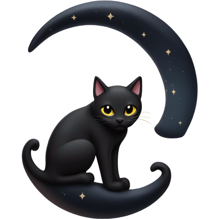 Black cat sitting on crescent moon emoji