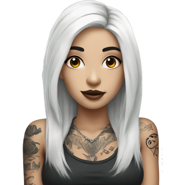 Beautiful girl with white skin, long black hair and tattoos emoji