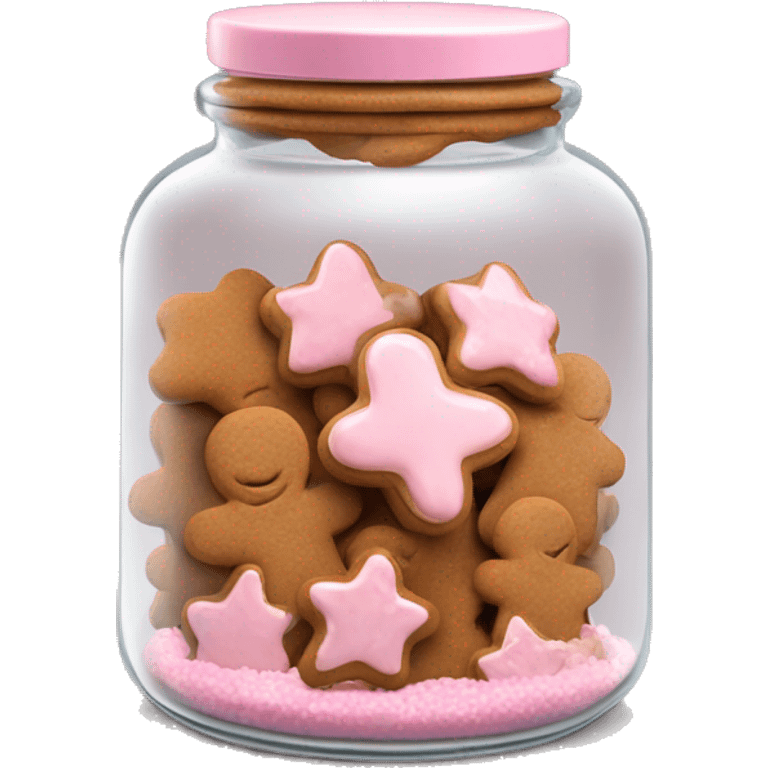 Realistic glass cookie jar with light pink lid full of gingerbread cookies isolated.  emoji