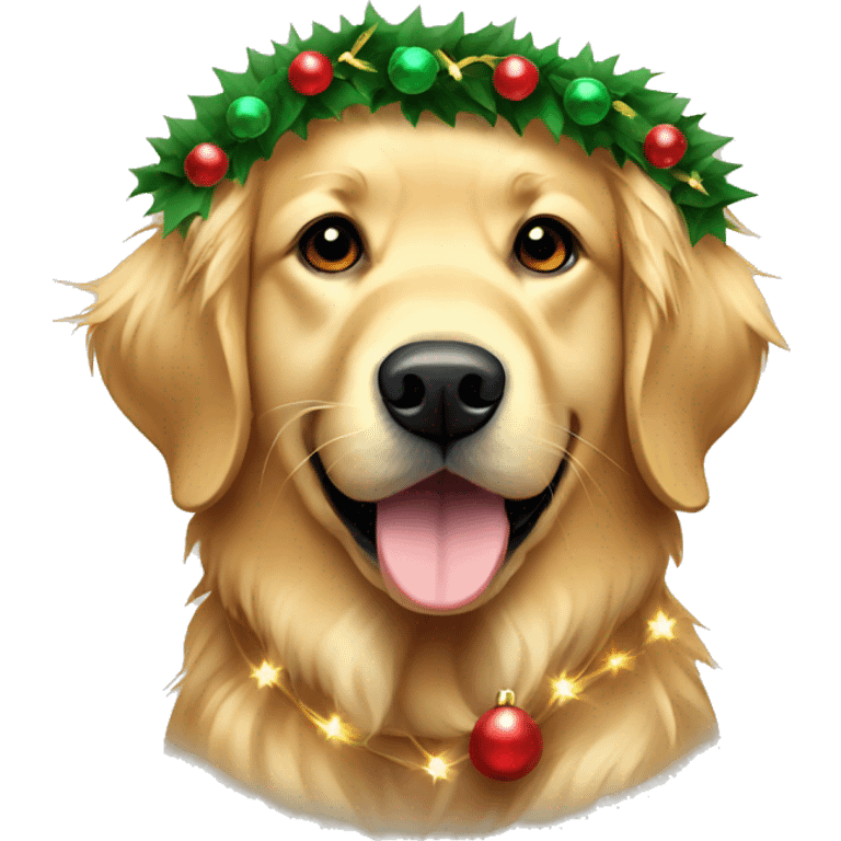 Golden retriever wearing a Christmas wreath lights around his neck emoji