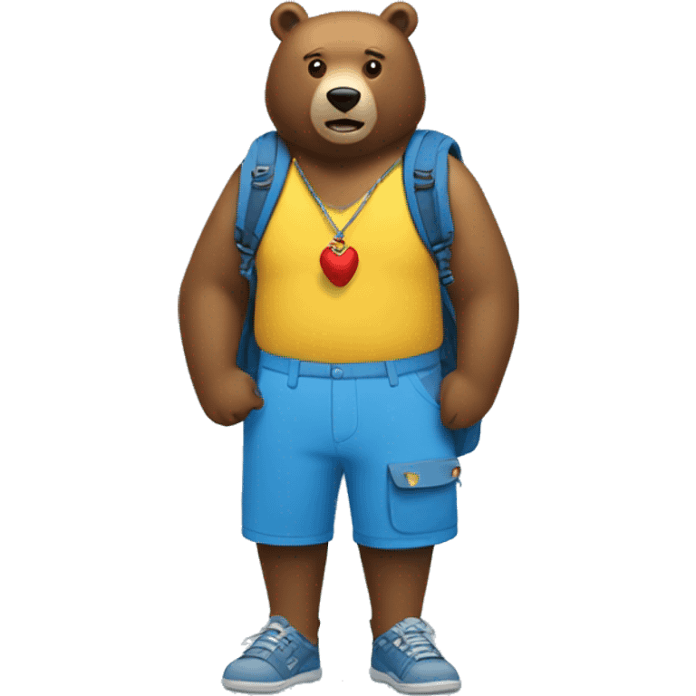 a brown bear wearing a blue backpack and yellow shorts and a sharktooth necklace, with a red bird emerging from his blue backpack. emoji