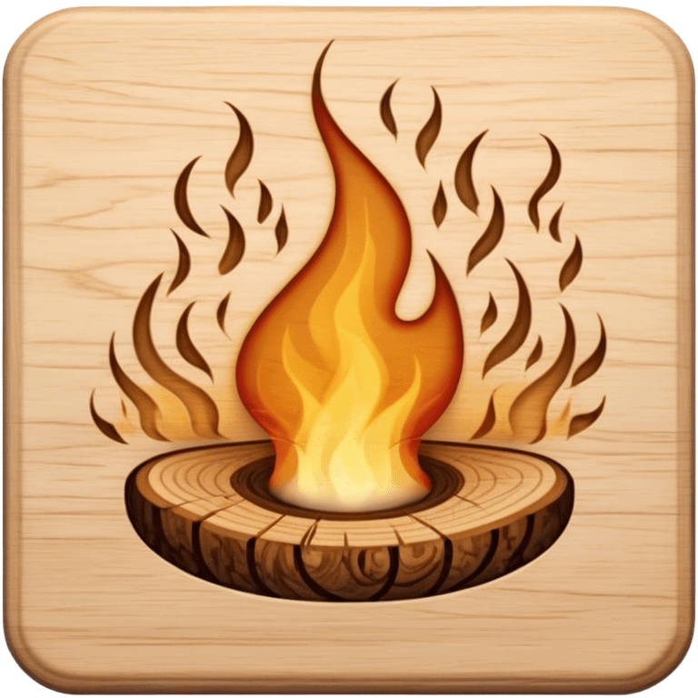 Pyrography icon, piece of wood with half-burned intricate patterns, pyrography tool emitting heat, visible burn marks and ongoing design process, smoke rising from the wood, wood texture, minimalistic style, clean lines, transparent background. emoji