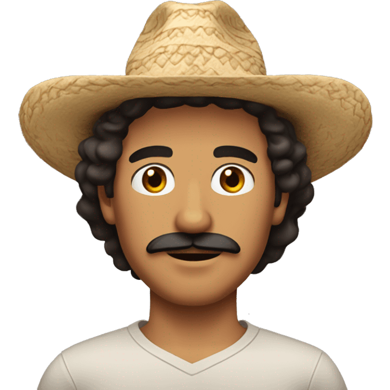 tan mexican man with dark brown shoulder length wavy hair and a dark brown mustache and a hat with dark eyes emoji