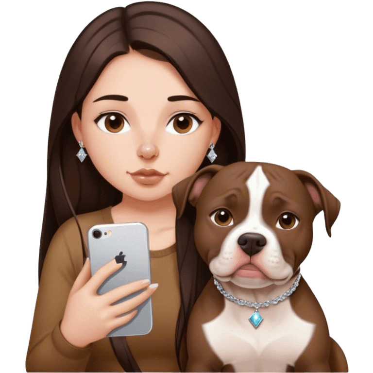 ￼ a young girl with long dark brown hair cascading down her face. It’s with her phone in her hands, sitting next to her pitbull with a small diamond nose ring in her nose. emoji