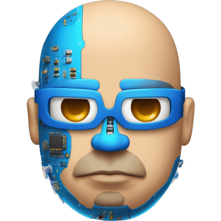 Fat bald cyborg head with tan skin, blue beard, blue goggles and circuits emoji