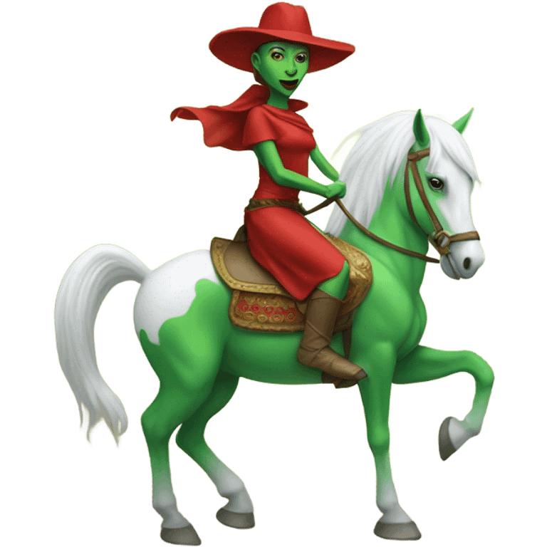 a green amazon alien woman in red on a white horse emoji