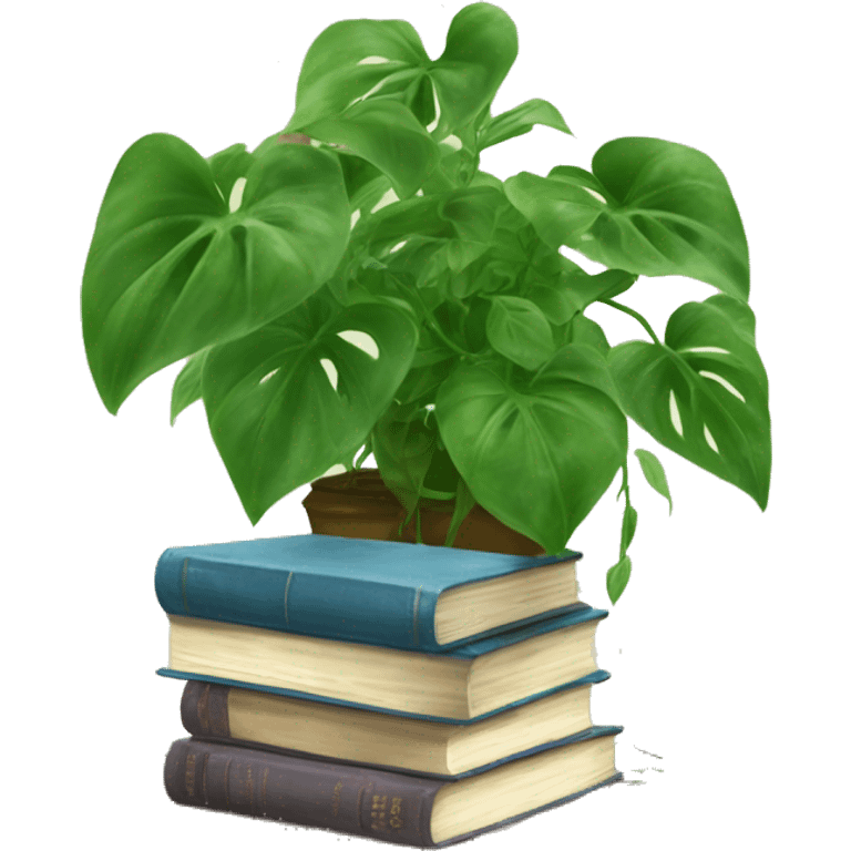 Pothos plant on a shelf with heaps of full vines of leaves hanging down. On the shelf next to it is a pile of 3 books that are cute  emoji