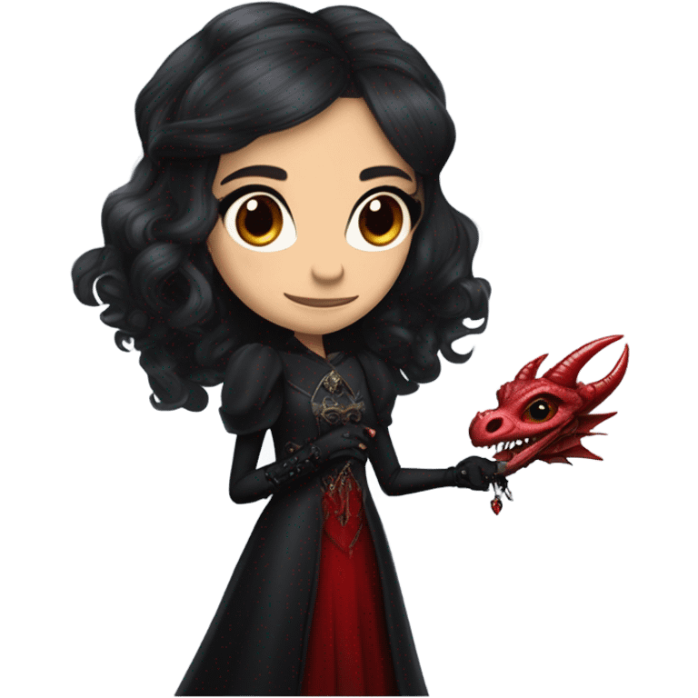 surprised Lavish black evening gown with see-through gloves, Jenna Ortega as Addams girl Jedi wearing a steampunk mini tiara, very large blood red evil-looking horned dragon emoji