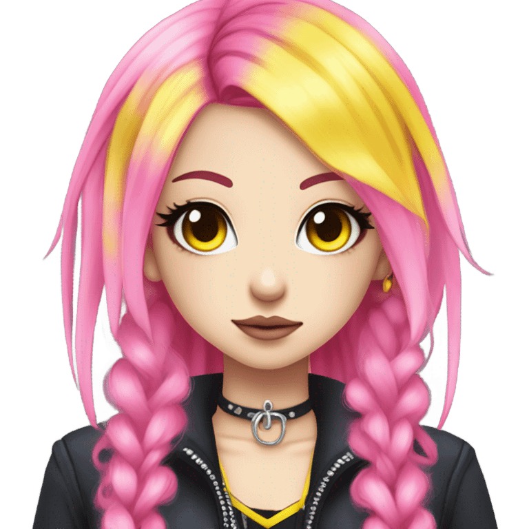 Blue eyed long eye lashes pout blonde and pink hair pale hime gyaru girl, hot pink and yellow split-dyed hair, nose ring, elf ears, dark makeup, punk clothes emoji