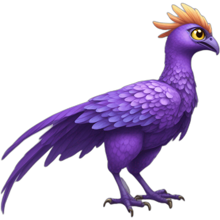 A beautiful and charming adult purple Simurgh, a bird of happiness, an eye-catcher, full length, with a beautiful long tail emoji