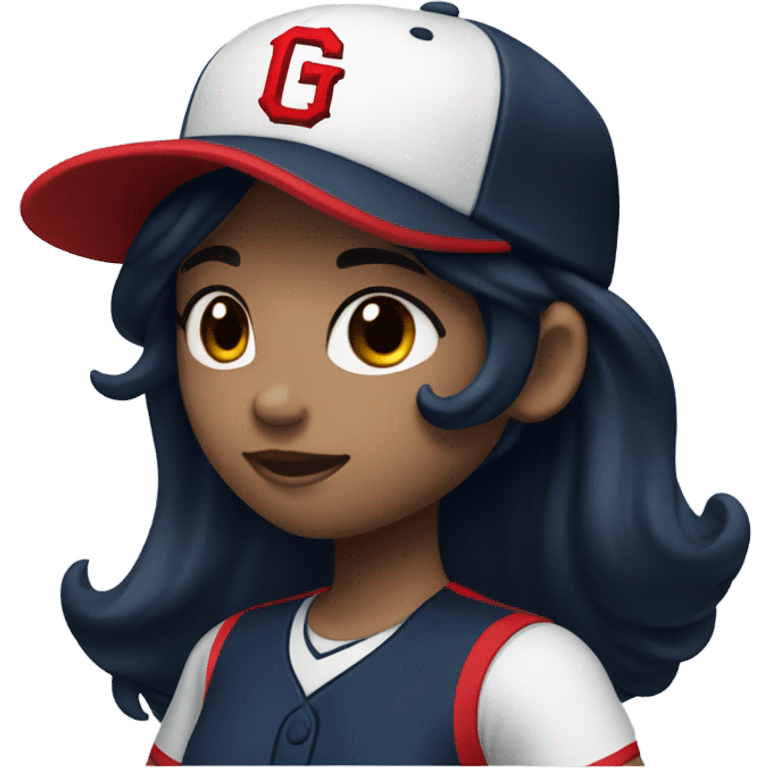 Black long hair and white skin girl wearing navy ballcap emblazoned with a red G initial and wearing baseball uniform emoji