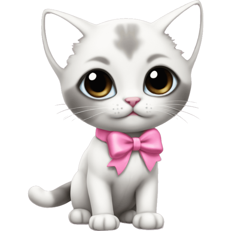 extremely cute kawaii white and gray siamese kitten with pink bow full body emoji