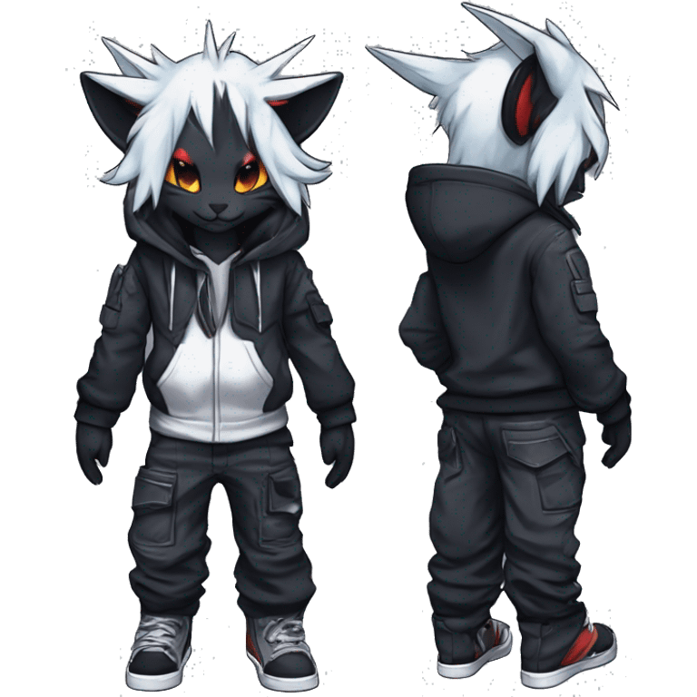 Cool Dark Anthro Chibi Absol-Noivern-Litten-Lynx-Pokémon with edgy stripes hoodie spiked collar punk techwear Cargo Pants Full Body emoji