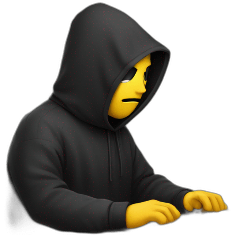 A sad Developer with a black hood behind his computer and taping on his keyboard emoji