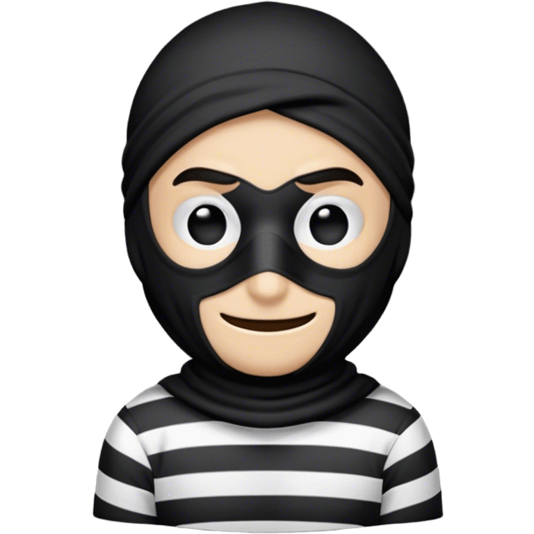 a cartoon-style robber emoji, showing a mischievous face with a black mask covering the eyes, a sly smirk, and a striped black-and-white shirt. the design is simple and clean, with a playful and lighthearted feel emoji