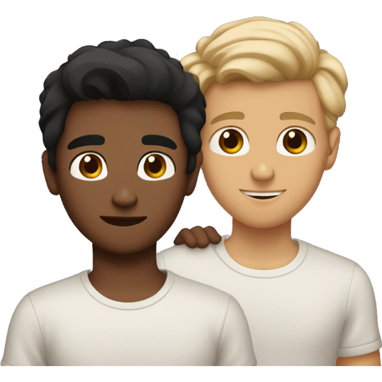 2 gay boys one with long black tan skin one with brown hair and. Light skin both brown eyes but the black hair make it dark eyes little and both wearing matching shirt hugging emoji