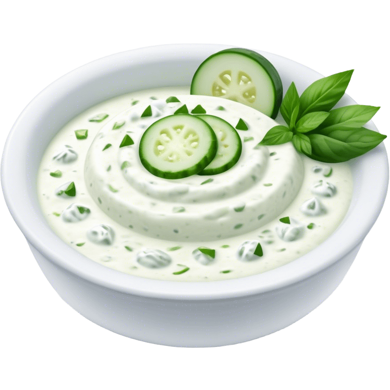 Cinematic Realistic Tzatziki Dish Emoji, featuring a creamy, tangy yogurt sauce with cucumber and herbs rendered with soft textures and cool, refreshing lighting. emoji