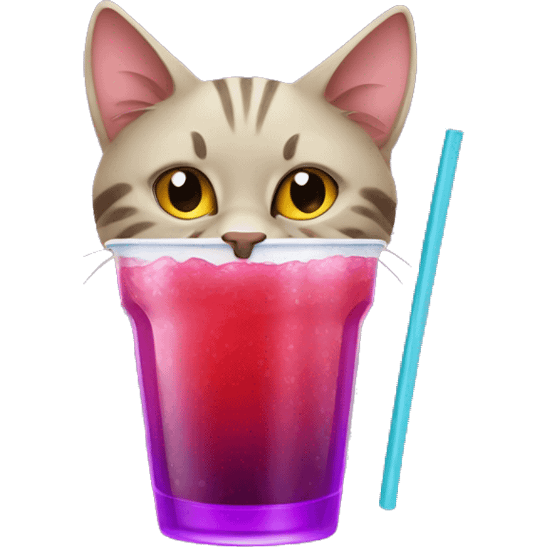 cat with red sclera drinking a purple drink with a straw emoji