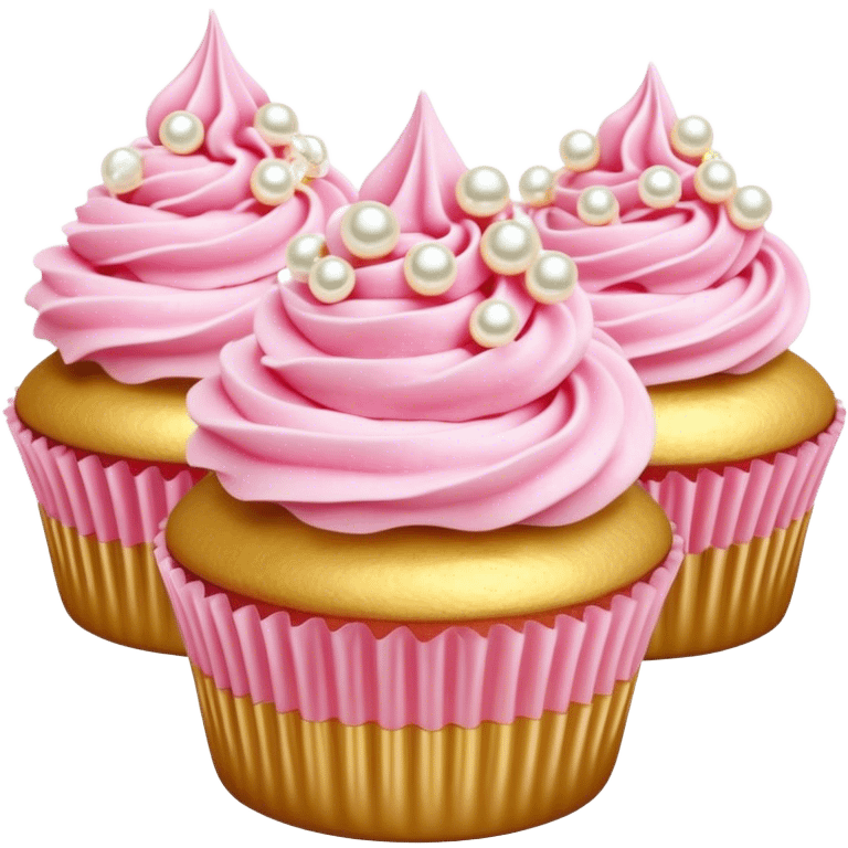 Cinematic Realistic Pink Cupcakes, fluffy pastel pink frosting swirled elegantly on top of golden cupcakes, tiny edible pearls adding a delicate touch, soft warm lighting creating a dreamy atmosphere, glowing with sweetness and charm. emoji