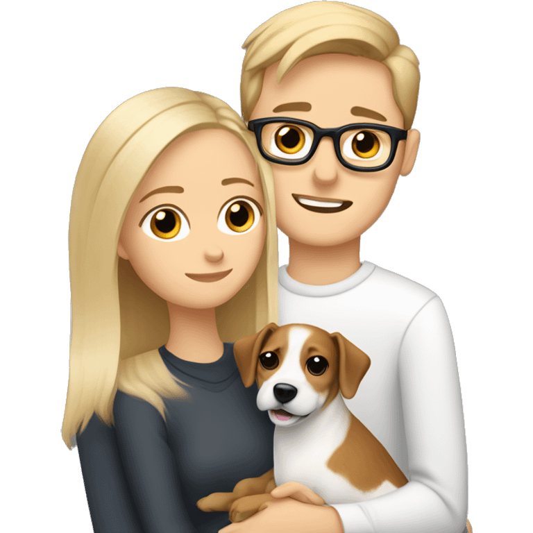 Blonde girl and her white boyfriend with brown hair and glasses cuddling a jack Russell  emoji