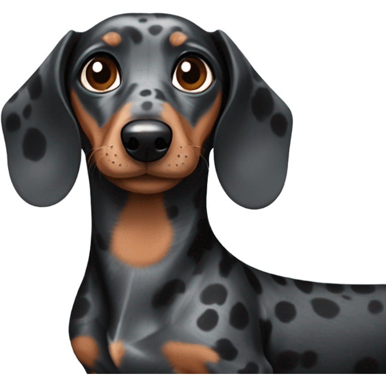 A black and grey spotted dachshund with two different eye colors, blue and brown  emoji