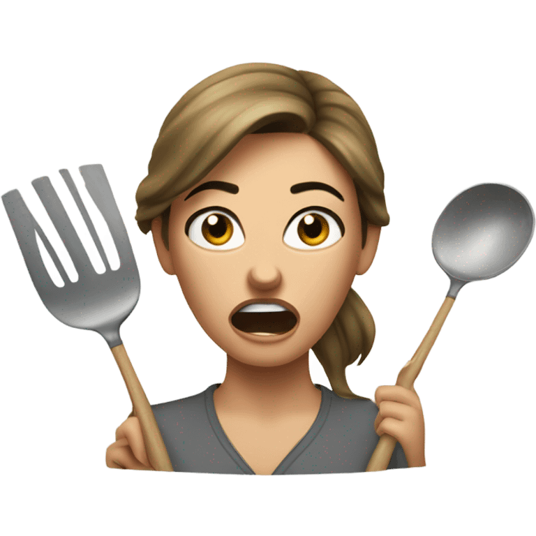 woman with angry face throwing kitchen utensils emoji