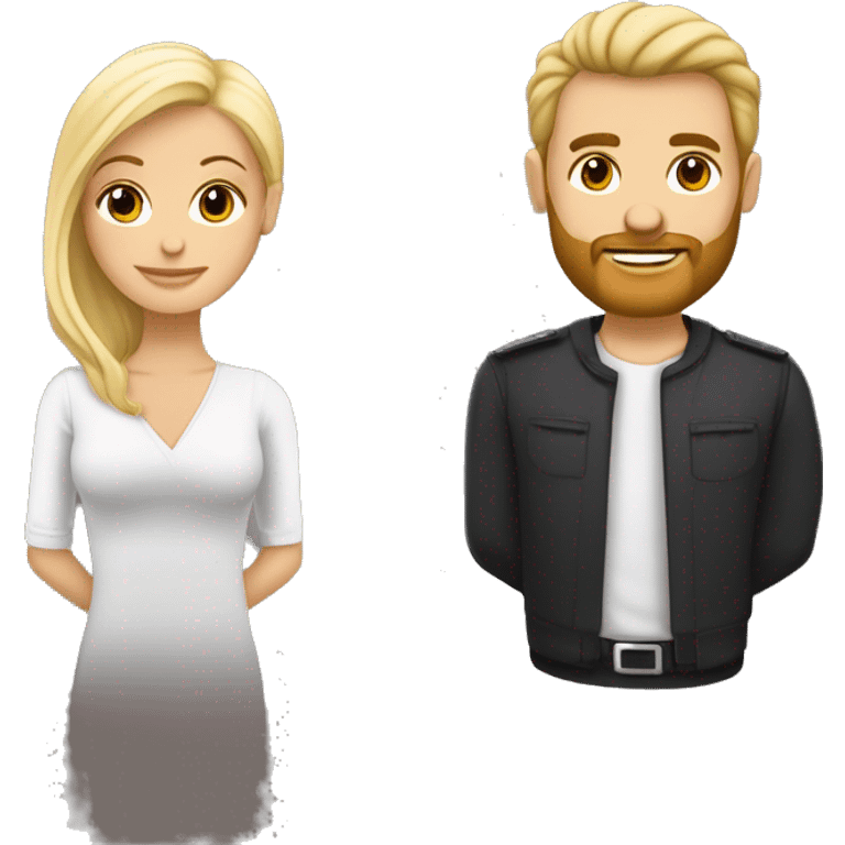 un couple d'un homme et d'une femme. des amoureux. la femme est blanche, très jolie avec les cheveux blonds. l'homme est beau, plus grand qu'elle, avec les cheveux noirs et cout, il a une legere barbe. emoji