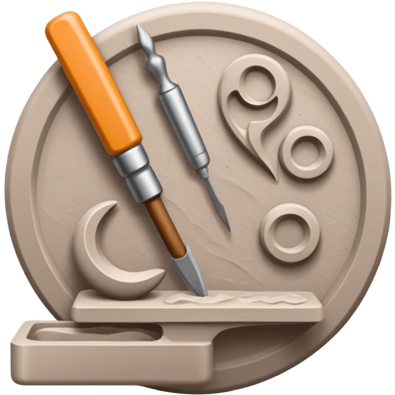 Icon for sculpting, with sculpting tools, sculpture in progress on a textured surface, minimalistic style, clean lines, transparent background. emoji