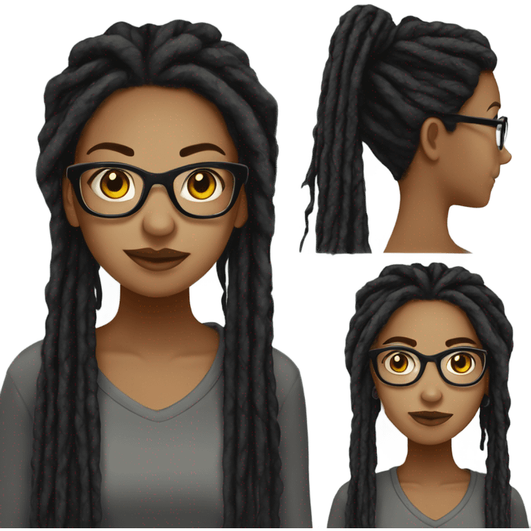 Tan girl with glasses, black colored thin eyes,  black dread locs hairstyle with an industrial ear piercing emoji