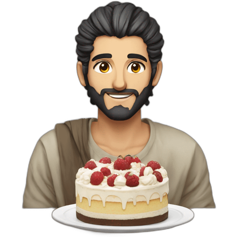 manga style middle eastern man with a manbun eating a cake emoji