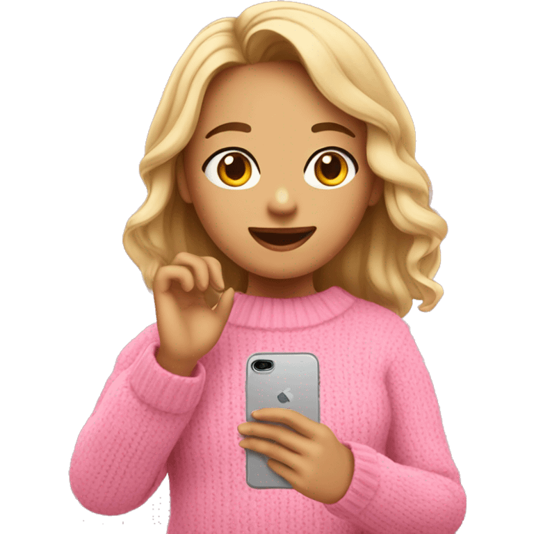 A girl in a pink sweater takes a selfie on her phone emoji