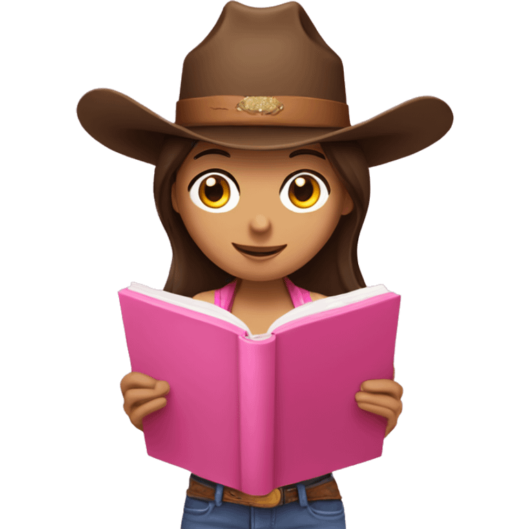 brunette reading a pink book and cowboy hat emoji