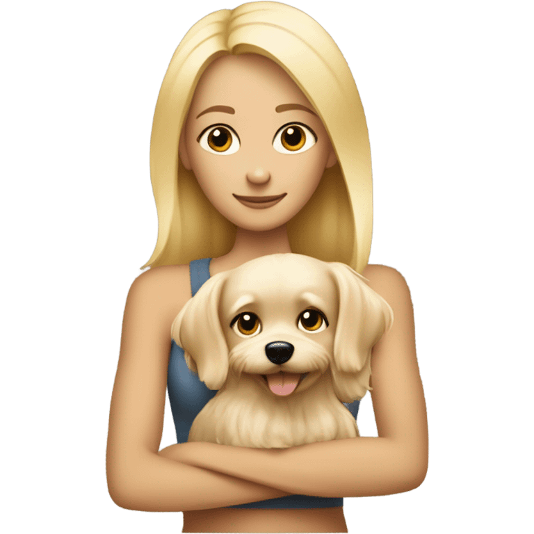 Skinny blonde woman hugging small fluffy tan dog emoji