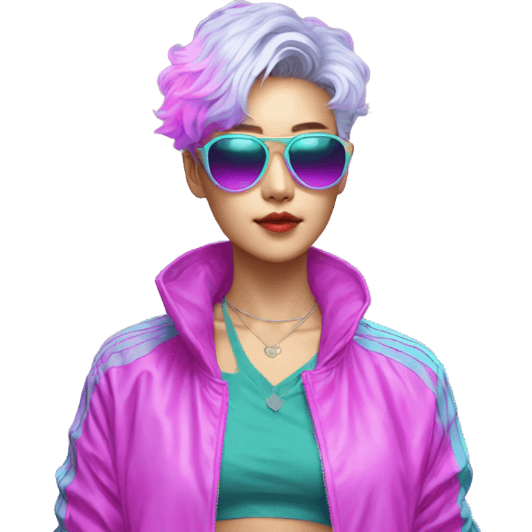 a short-haired Taiwanese lesbian with vaporwave style, sunglasses with vaporwave image on it. emoji