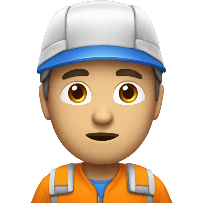 Técnico que repara electrodomésticos, con una gorra naranja y una camisa azul con blanco, triste con una cara triste emoji