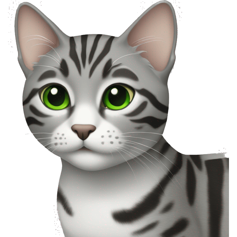 Gray tabby cat with black markings and green eyes emoji