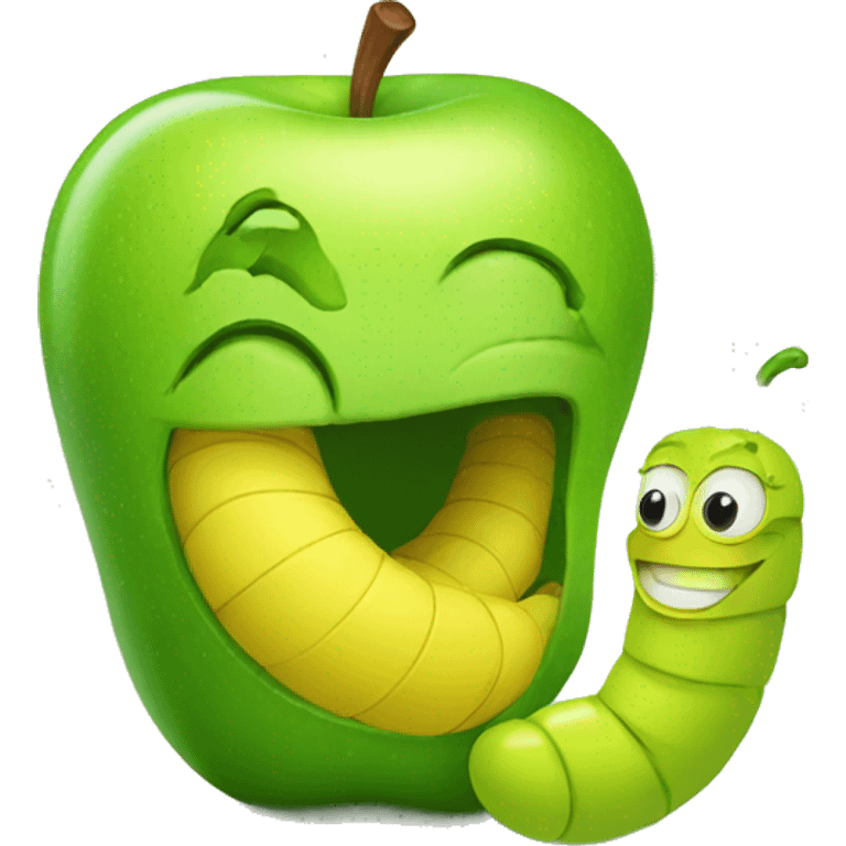 Green cheerful apple and yellow worm emoji