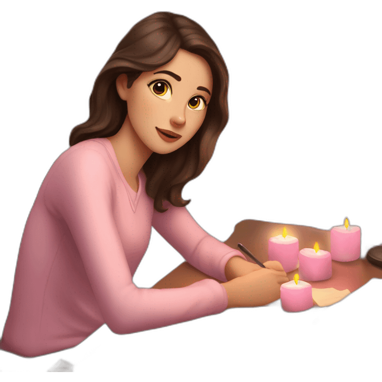 white girl with dark brown hair lights pink candles and studies at her desk emoji