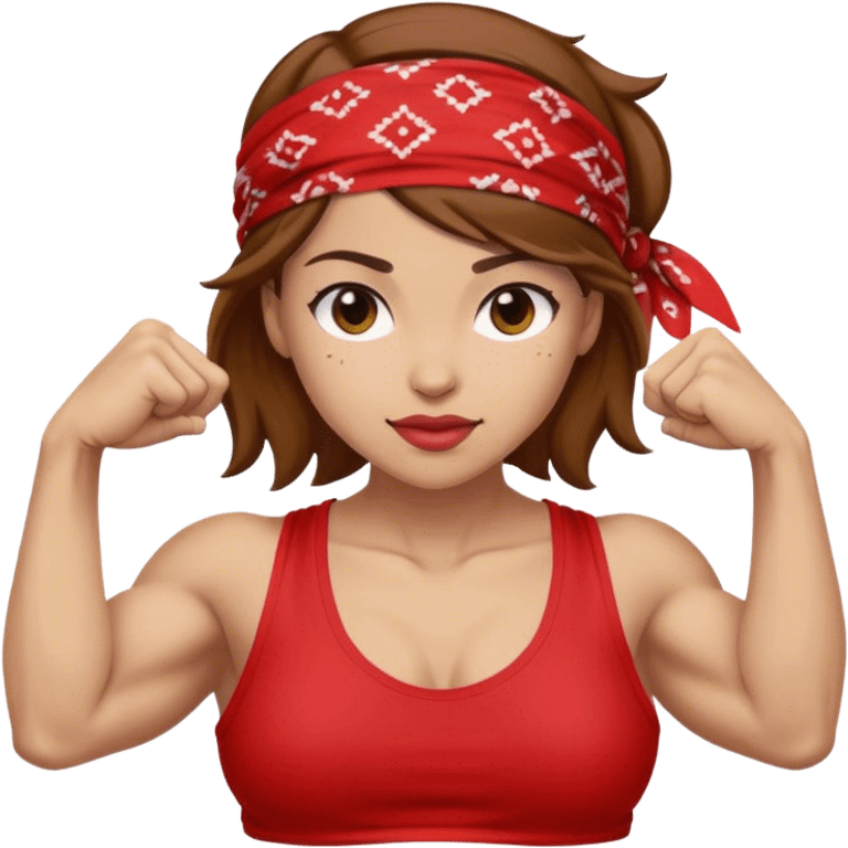 Light skin and brown hair with red bandana Rosie the Riveter shows biceps emoji